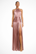 Saffron | Women Halter Neck Pleated Satin Wedding Guest Maxi Dress