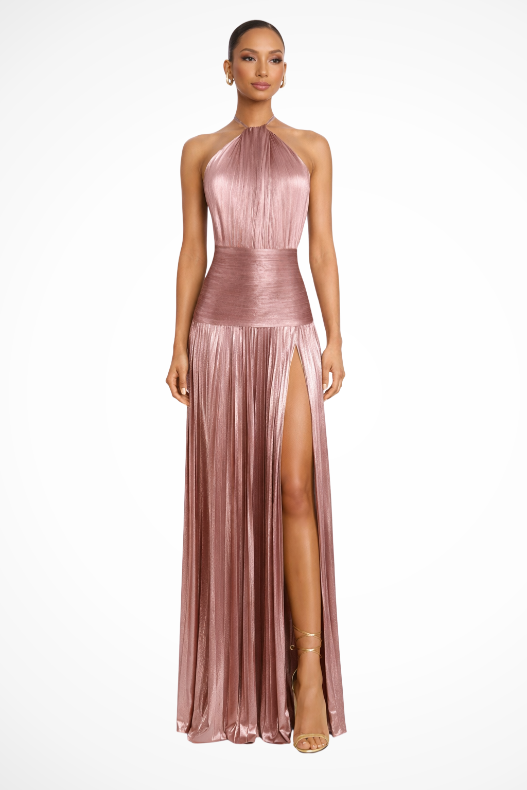 Saffron | Women Halter Neck Pleated Satin Wedding Guest Maxi Dress