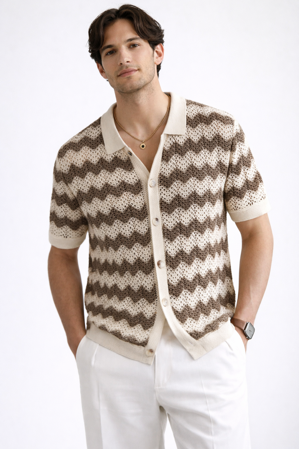Jimmy | Men Short Sleeve Button Front Zigzag Crochet Knit Polo Shirt