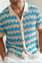 Jimmy | Men Short Sleeve Button Front Zigzag Crochet Knit Polo Shirt