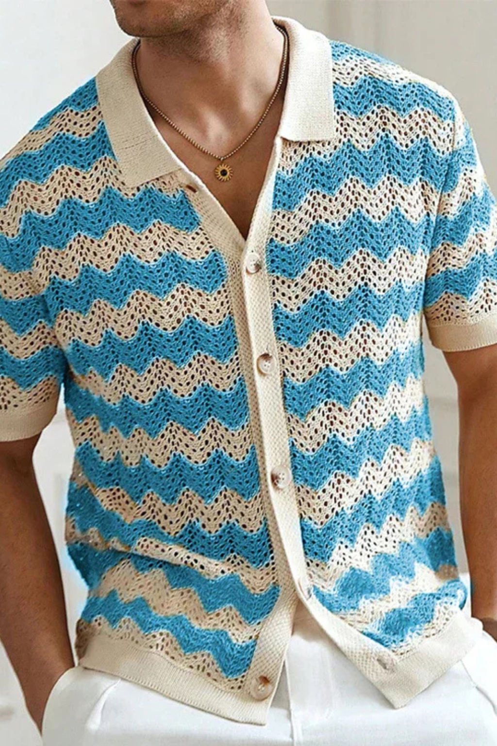 Jimmy | Men Short Sleeve Button Front Zigzag Crochet Knit Polo Shirt