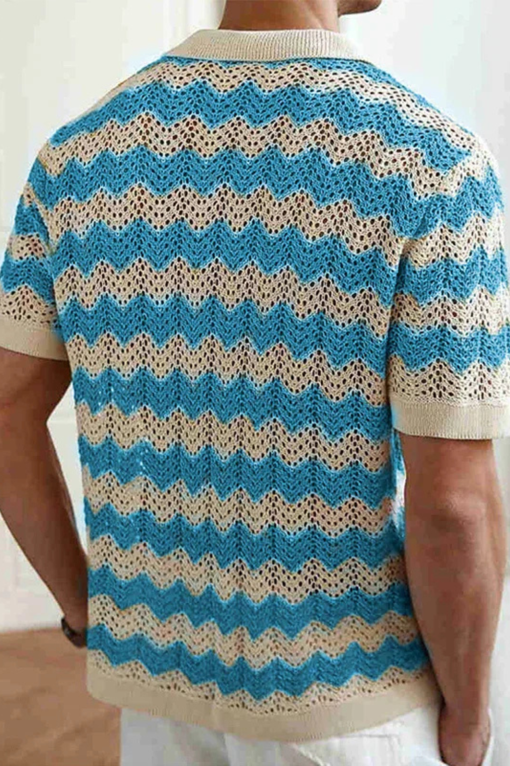 Jimmy | Men Short Sleeve Button Front Zigzag Crochet Knit Polo Shirt