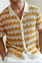 Jimmy | Men Short Sleeve Button Front Zigzag Crochet Knit Polo Shirt