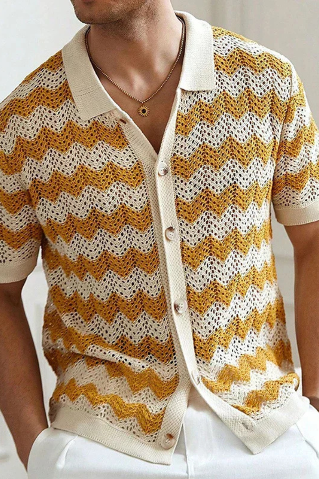 Jimmy | Men Short Sleeve Button Front Zigzag Crochet Knit Polo Shirt