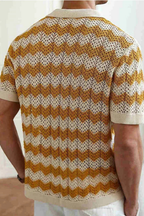 Jimmy | Men Short Sleeve Button Front Zigzag Crochet Knit Polo Shirt