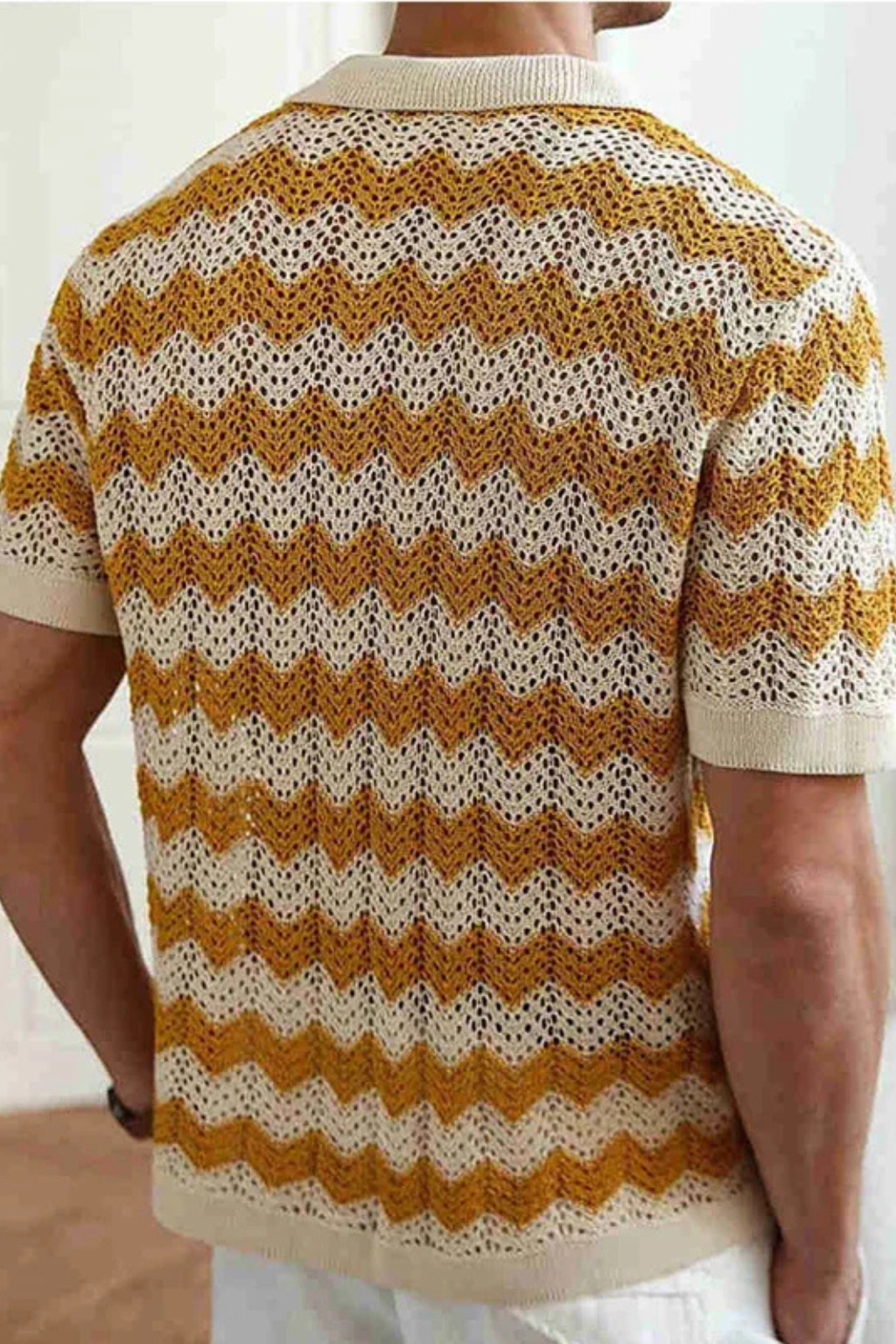 Jimmy | Men Short Sleeve Button Front Zigzag Crochet Knit Polo Shirt