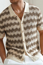 Jimmy | Men Short Sleeve Button Front Zigzag Crochet Knit Polo Shirt