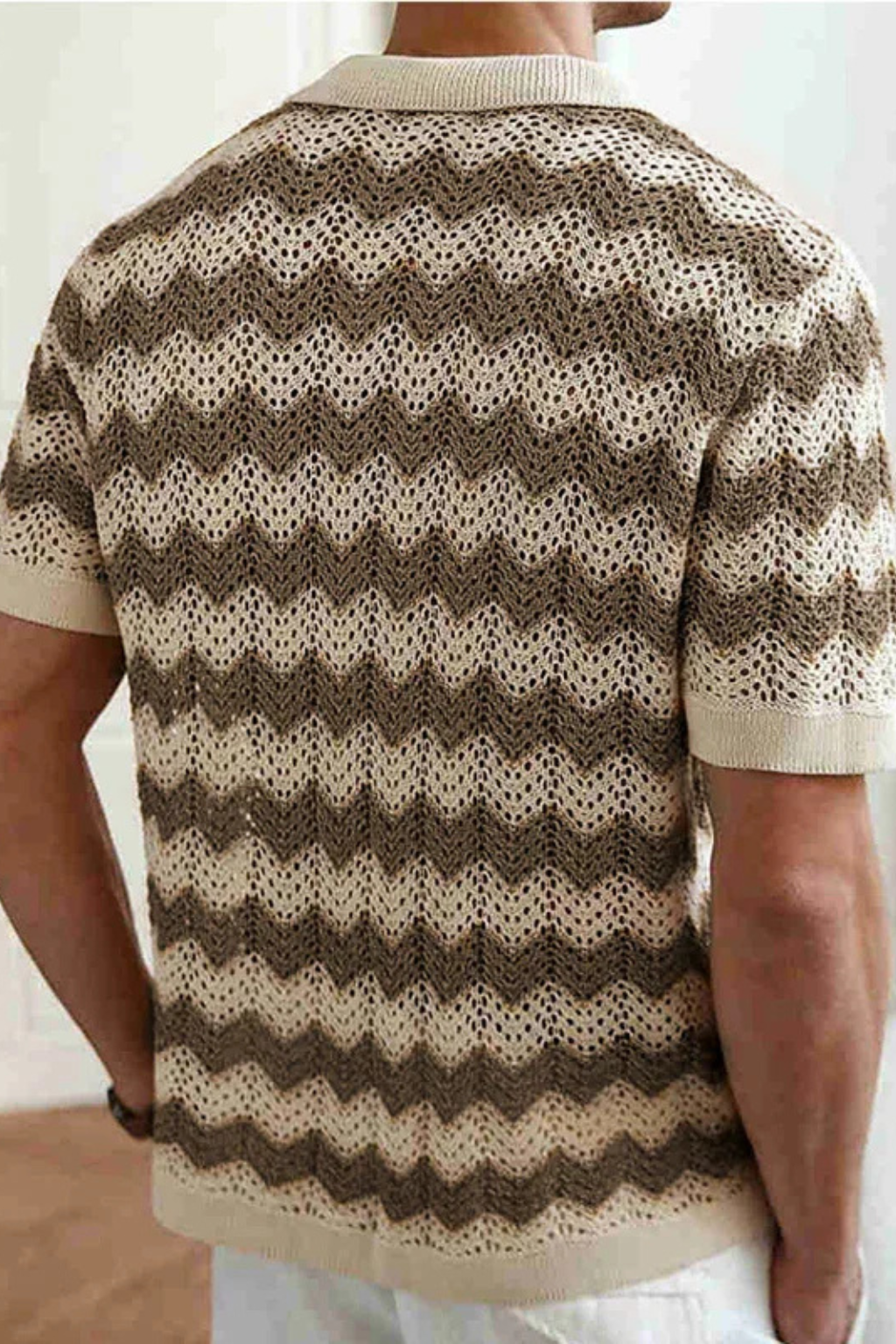 Jimmy | Men Short Sleeve Button Front Zigzag Crochet Knit Polo Shirt