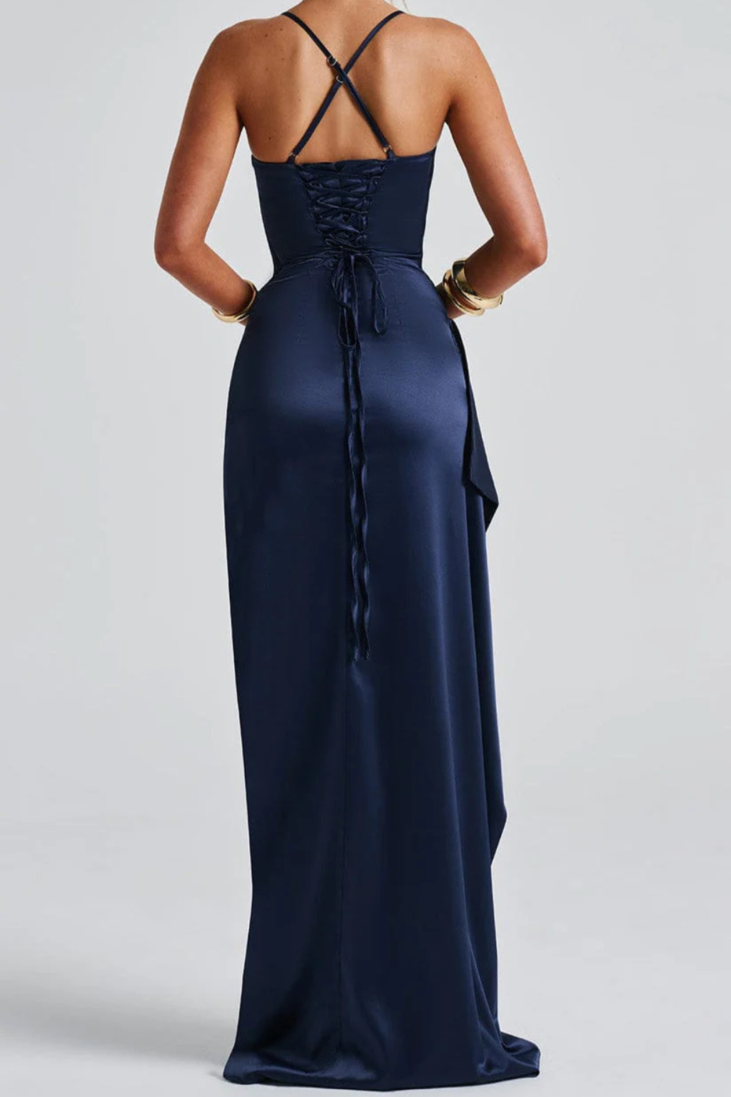 Avelisse | Women Spaghetti Strap Ruched Maxi High Slit Wedding Guest Dress