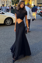 Marienna | Women Short Sleeve Cut Out High Neck Ruched Wedding Guest Maxi Dress