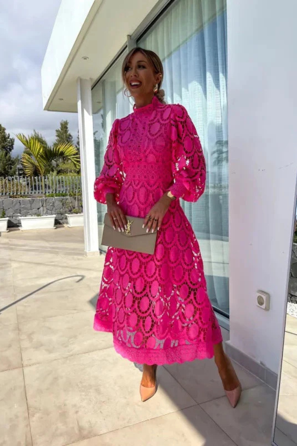Mathilde | Women Lace Long Sleeve High Neck Wedding Guest Midi Dress