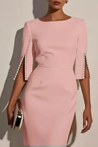 Mariah | Women Round Neck Split Sleeve Bead Detail Wedding Guest Midi Dress