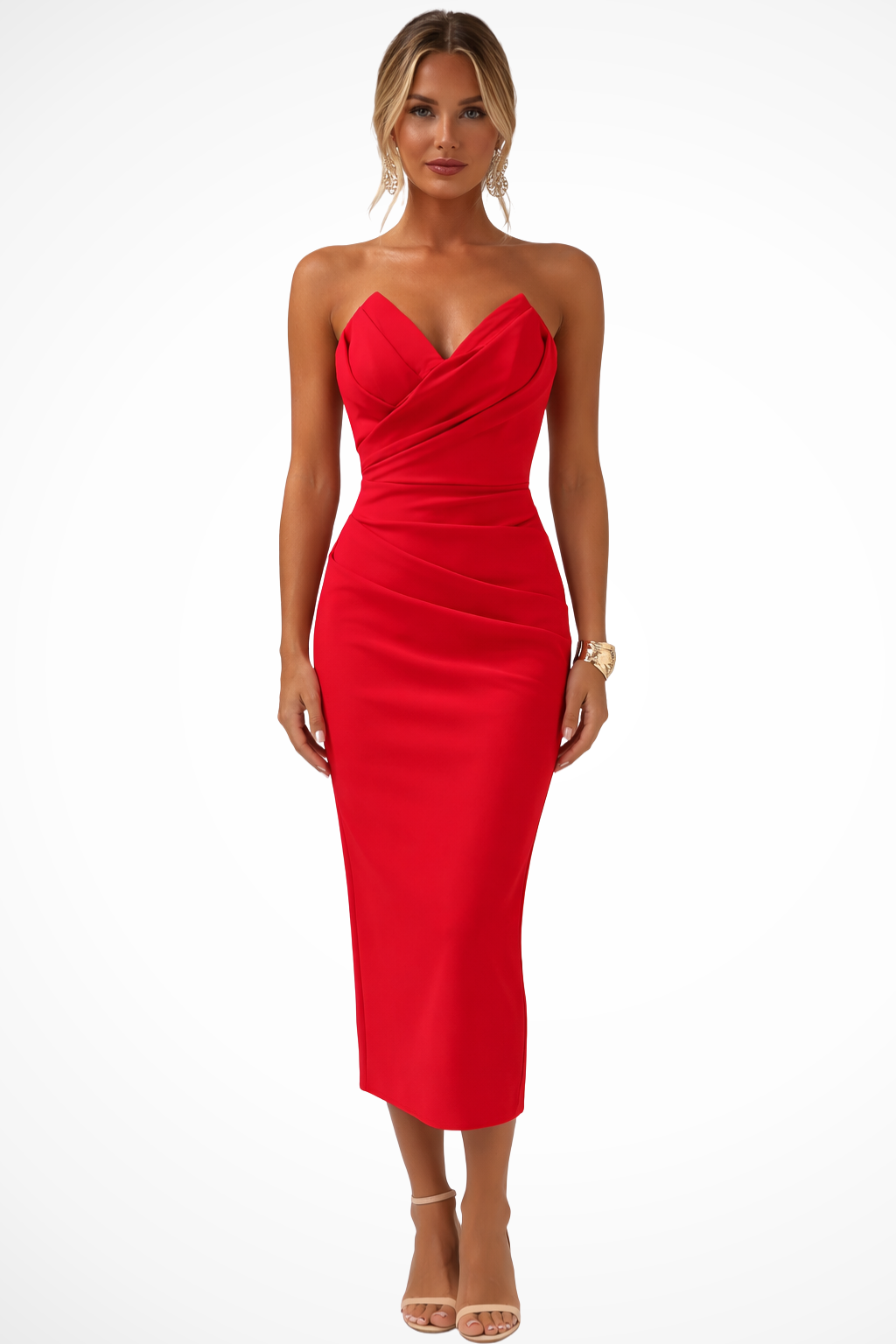 Genevieve | Women Strapless Sweetheart Neckline Ruched Midi Dress