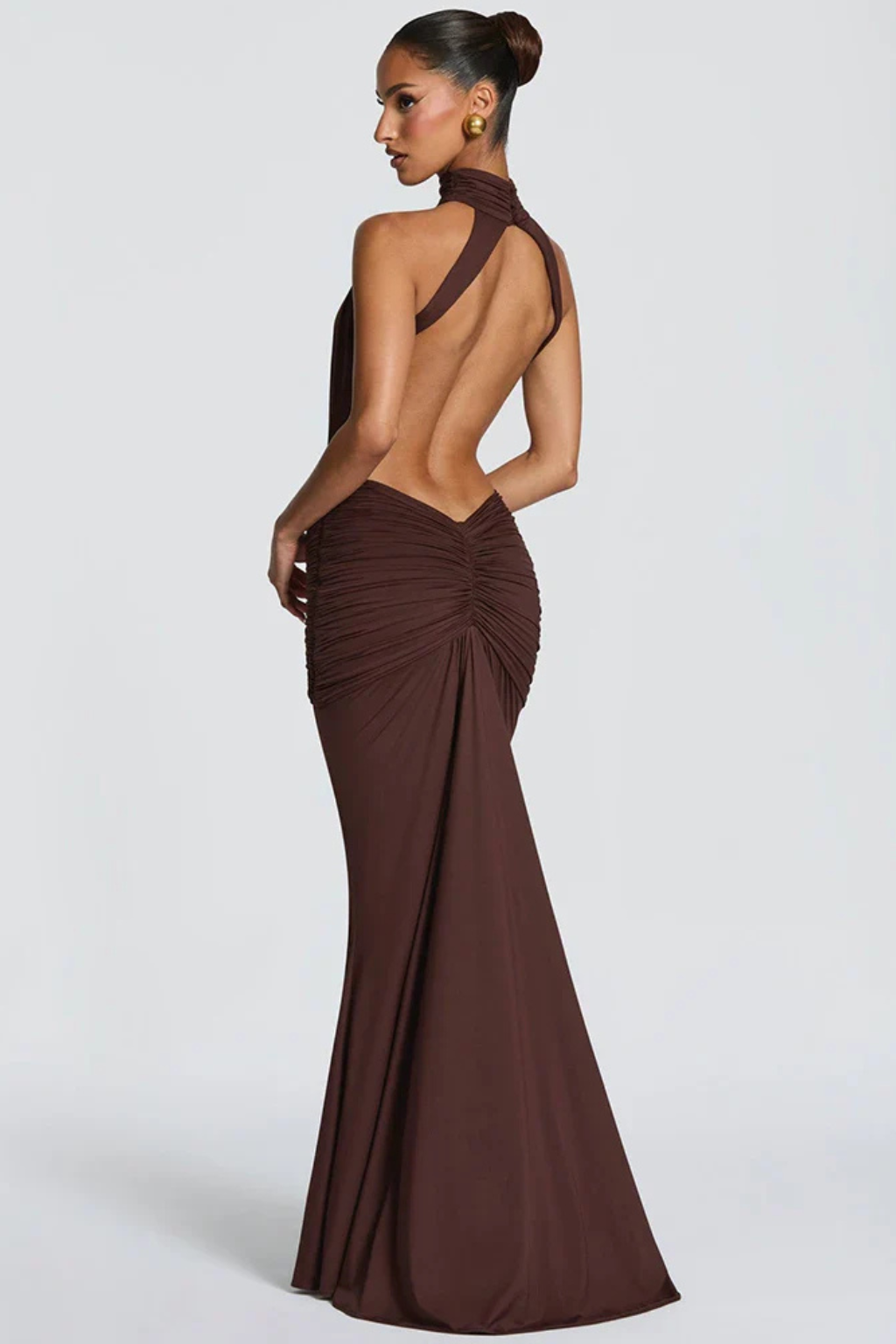 Theodora | Women Halter Neck Backless Ruched Bodycon Weddign Guest Maxi Dress