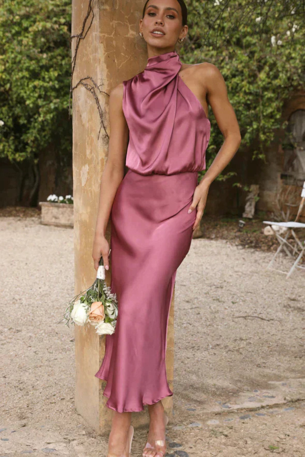 Amelina | Women Halter Neck Midi Dress Satin Wedding Guest Dress