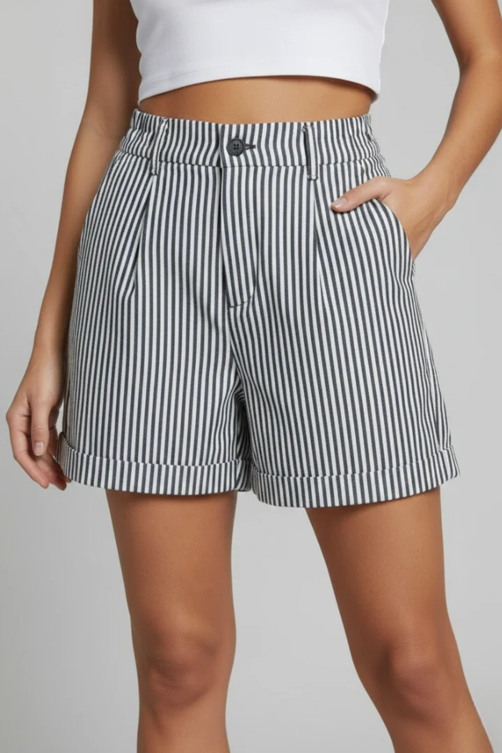 Ada | Women Striped High Waist Tailored Shorts with Button Detail