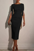 Mariah | Women Round Neck Split Sleeve Bead Detail Wedding Guest Midi Dress