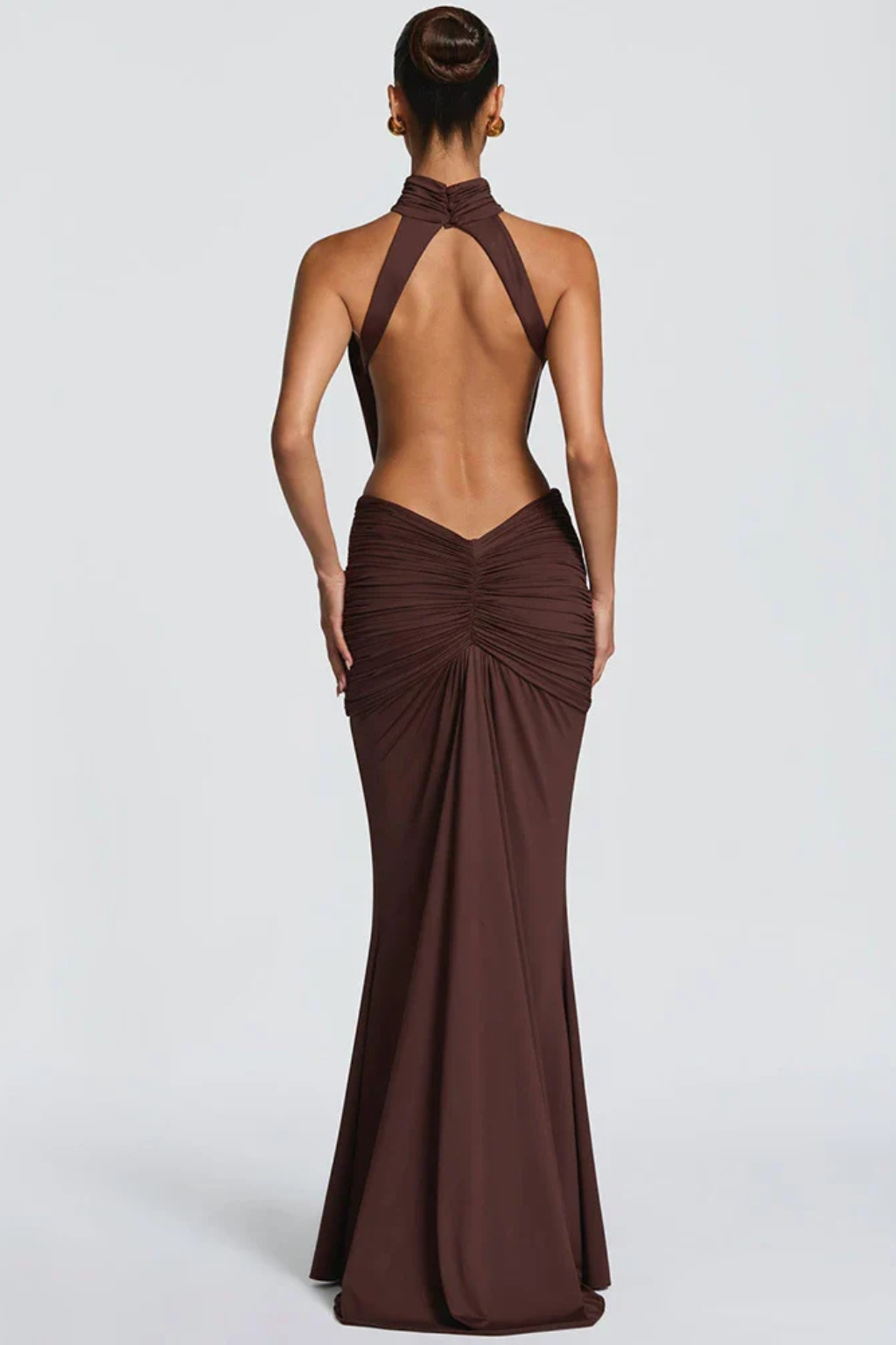 Theodora | Women Halter Neck Backless Ruched Bodycon Weddign Guest Maxi Dress