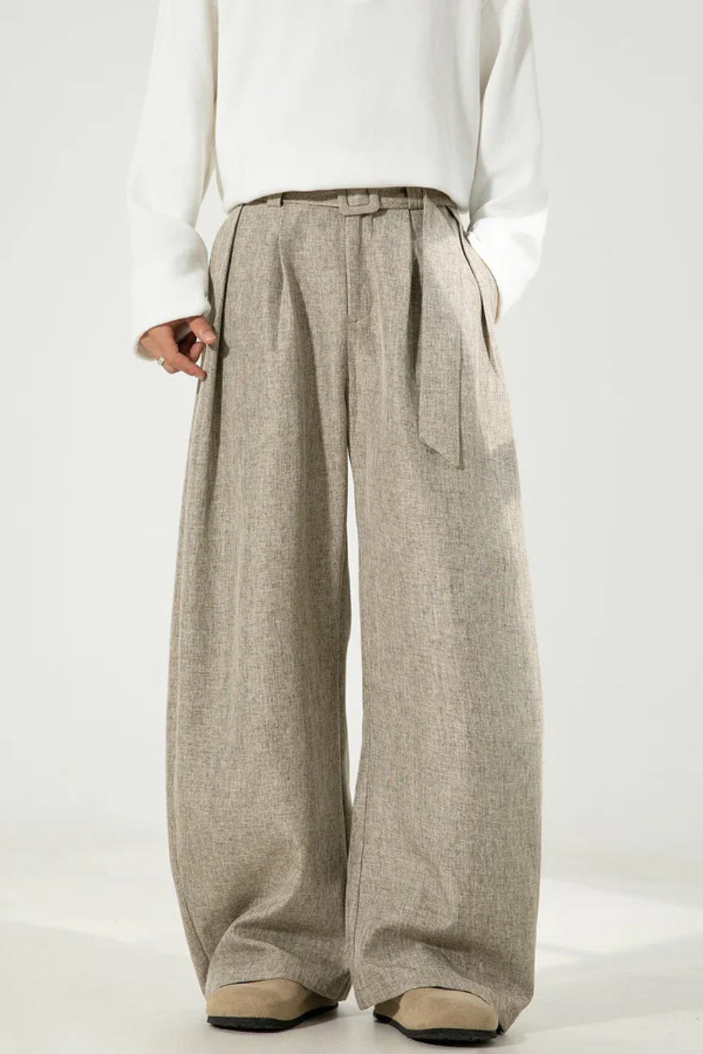 Ledger | Men High Waist Pleated Wide Leg Trousers with Adjustable Belt
