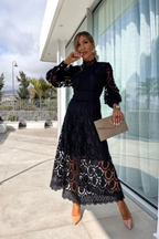 Mathilde | Women Lace Long Sleeve High Neck Wedding Guest Midi Dress