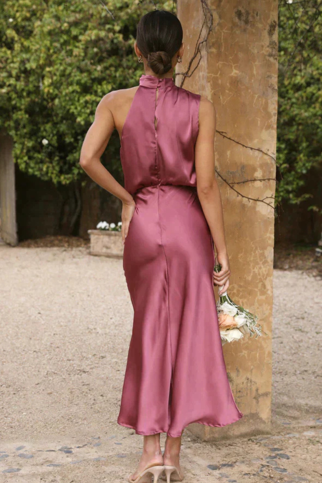 Amelina | Women Halter Neck Midi Dress Satin Wedding Guest Dress