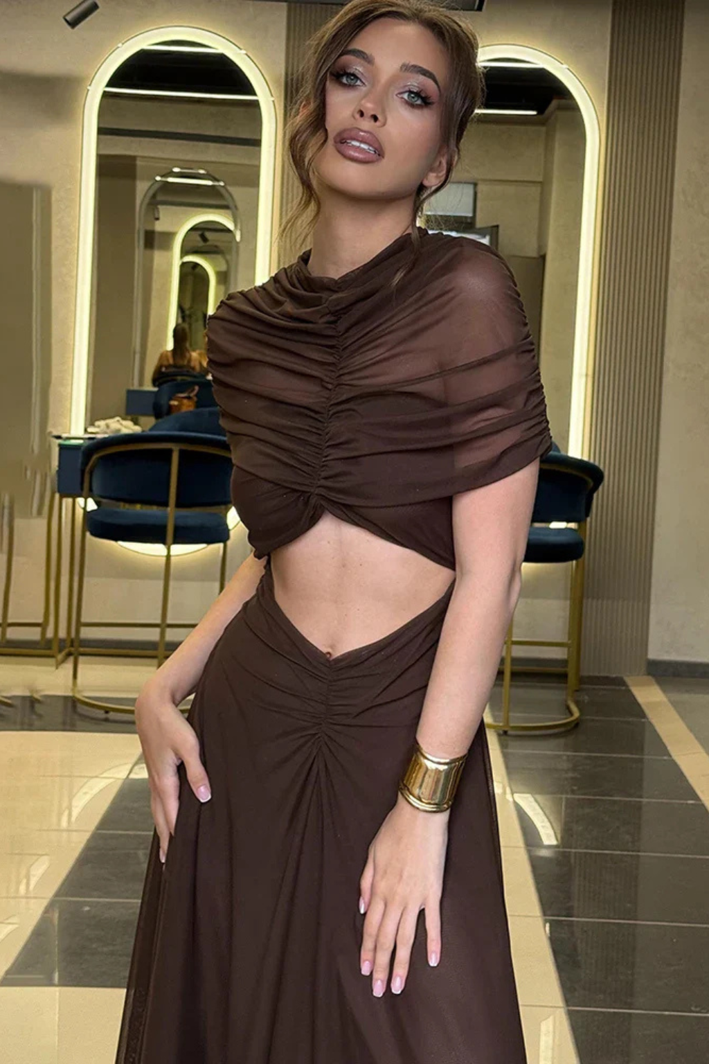 Marienna | Women Short Sleeve Cut Out High Neck Ruched Wedding Guest Maxi Dress
