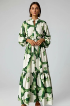 Thea | Women Long Sleeve V Neck Printed Tiered Maxi Dress