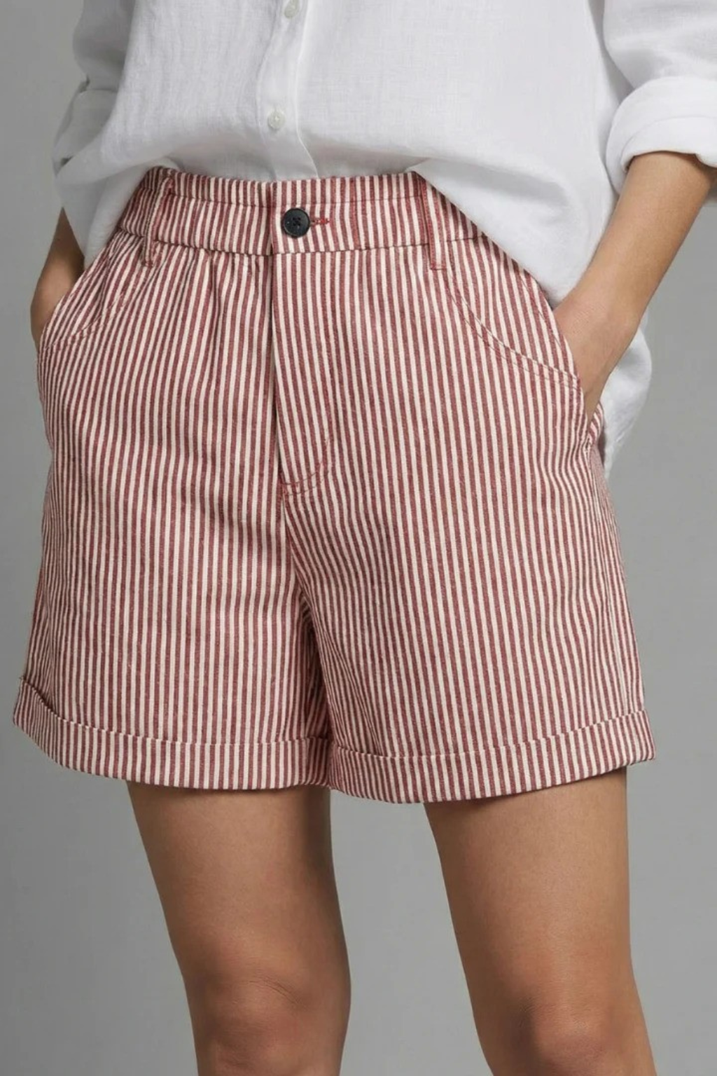 Ada | Women Striped High Waist Tailored Shorts with Button Detail