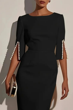Mariah | Women Round Neck Split Sleeve Bead Detail Wedding Guest Midi Dress