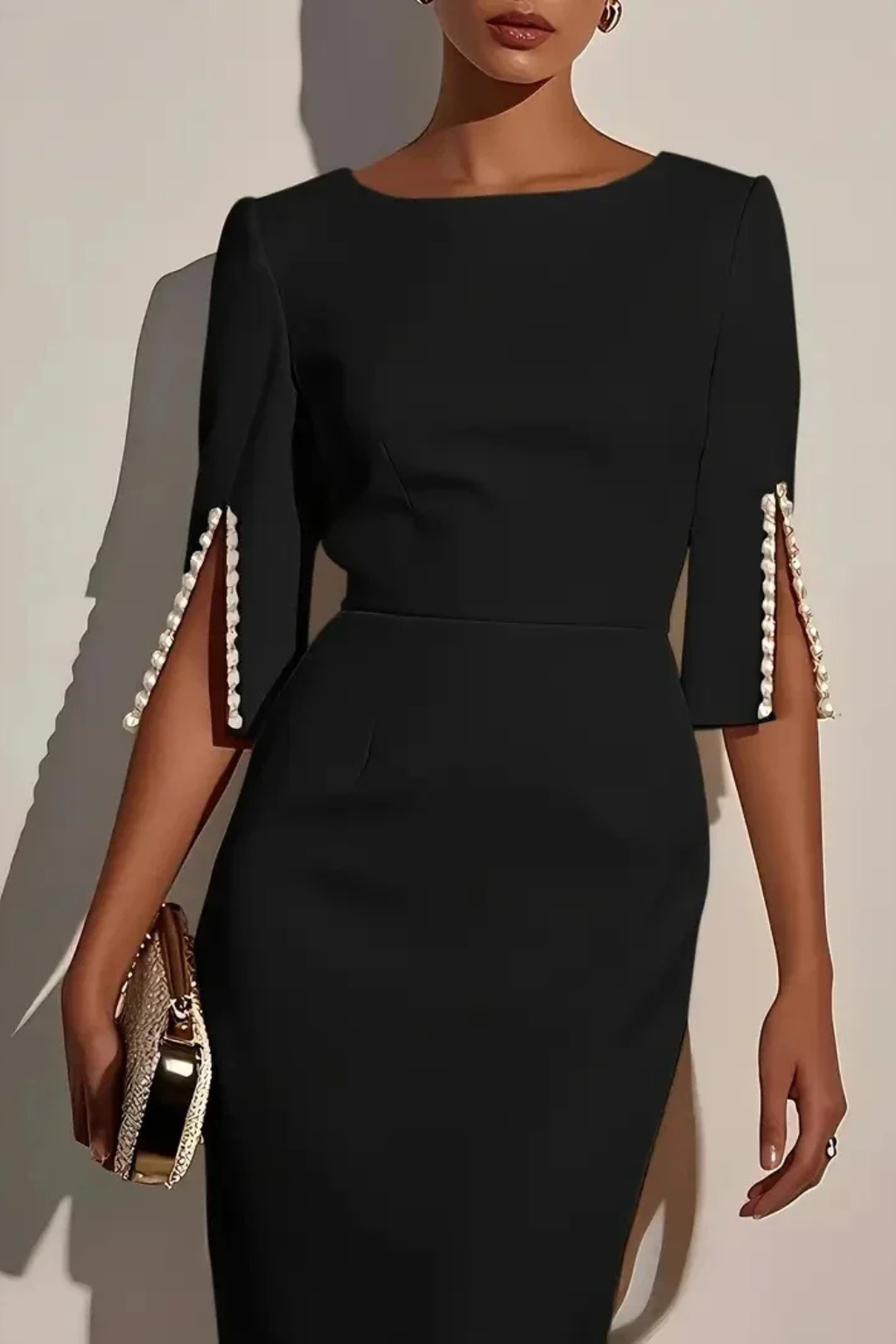 Mariah | Women Round Neck Split Sleeve Bead Detail Wedding Guest Midi Dress