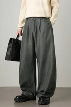 Ledger | Men High Waist Pleated Wide Leg Trousers with Adjustable Belt