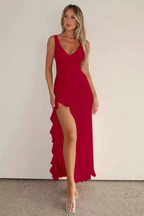 Elise | Women V Neck Ruffle Hem Midi Wedding Guest Dress with Side Split