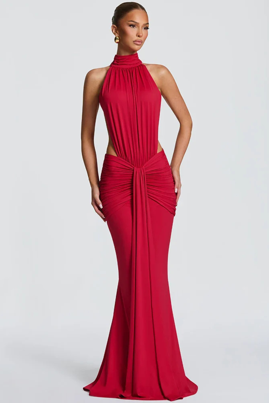 Theodora | Women Halter Neck Backless Ruched Bodycon Weddign Guest Maxi Dress