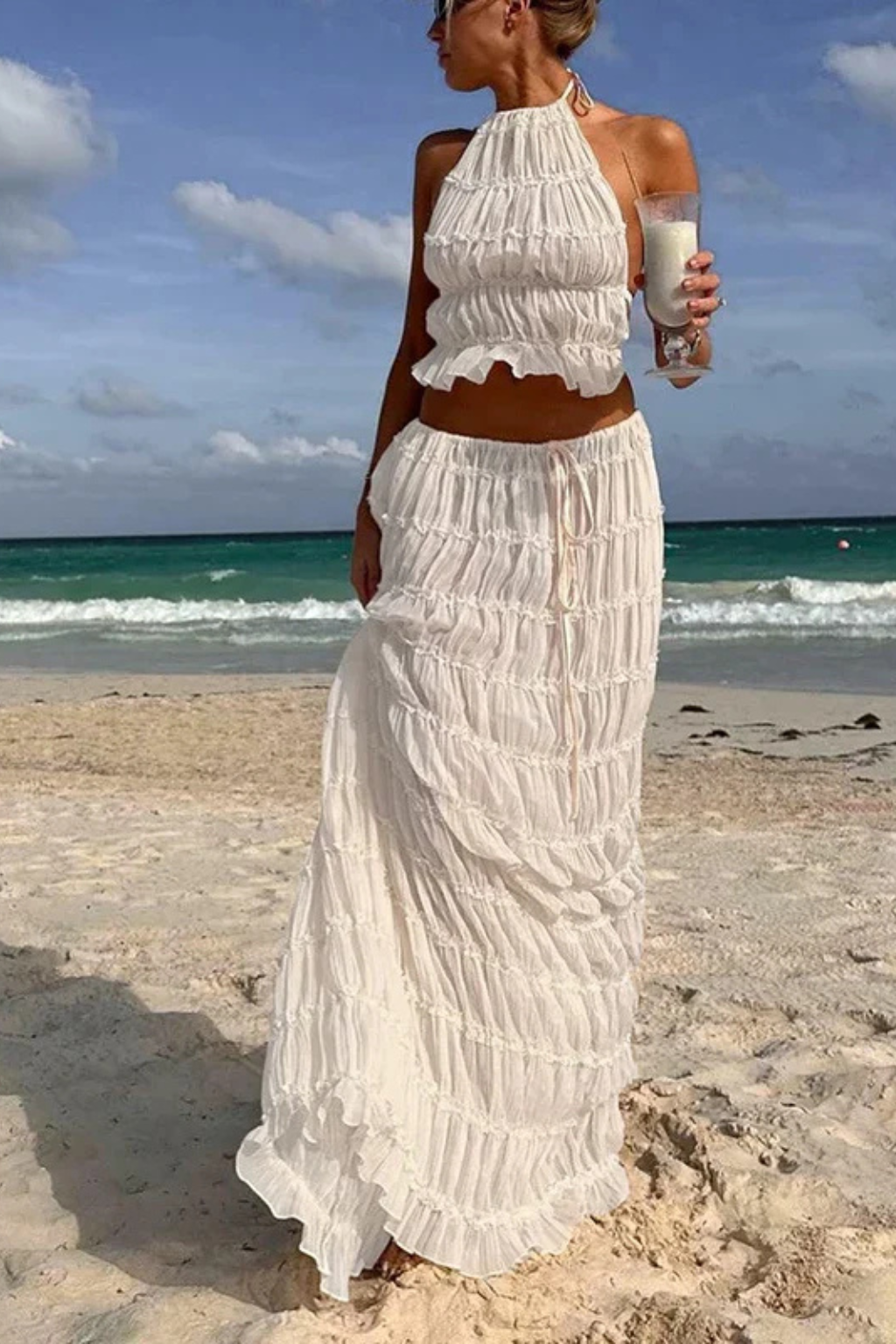 Cora | Women Ruched Halter Top and Maxi Skirt 2 Piece Set