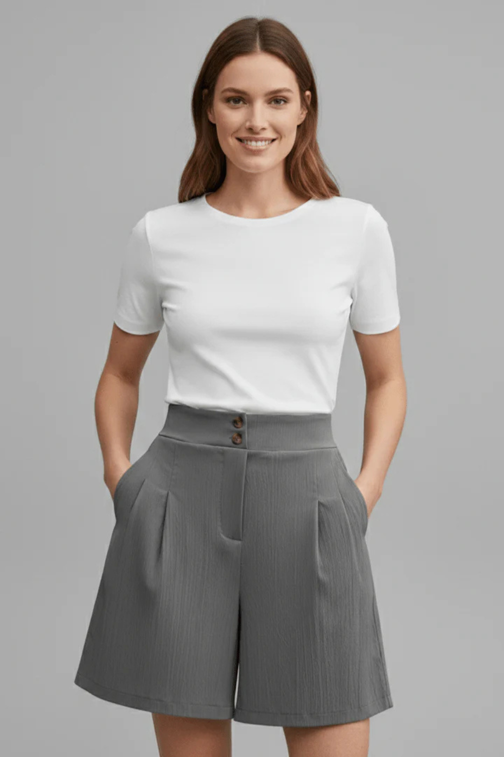Winnie | Women High Waist Button Front Pleated Tailored Bermuda Shorts