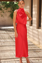 Amelina | Women Halter Neck Midi Dress Satin Wedding Guest Dress