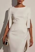 Mariah | Women Round Neck Split Sleeve Bead Detail Wedding Guest Midi Dress