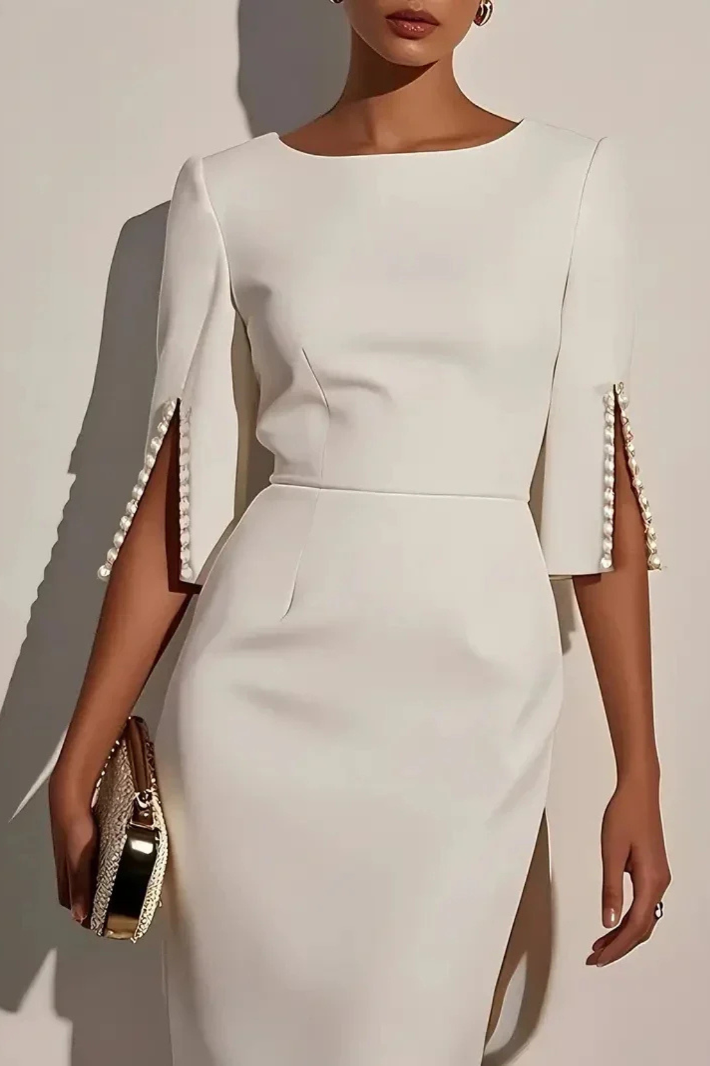 Mariah | Women Round Neck Split Sleeve Bead Detail Wedding Guest Midi Dress