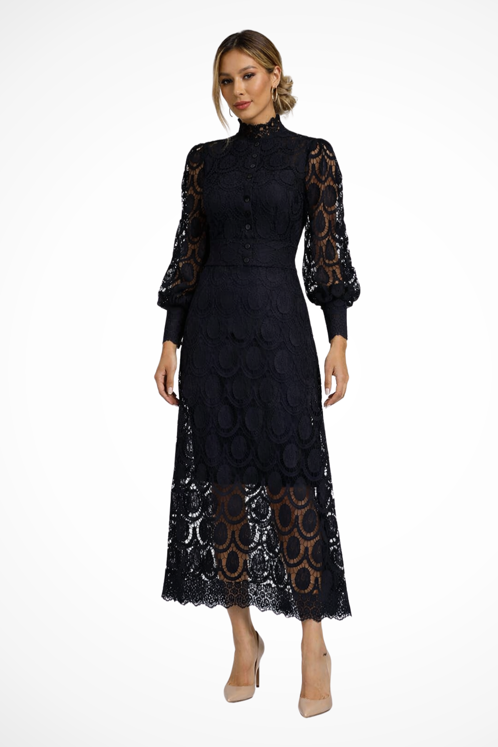 Mathilde | Women Lace Long Sleeve High Neck Wedding Guest Midi Dress