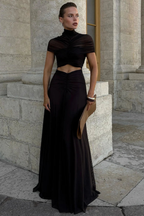 Marienna | Women Short Sleeve Cut Out High Neck Ruched Wedding Guest Maxi Dress