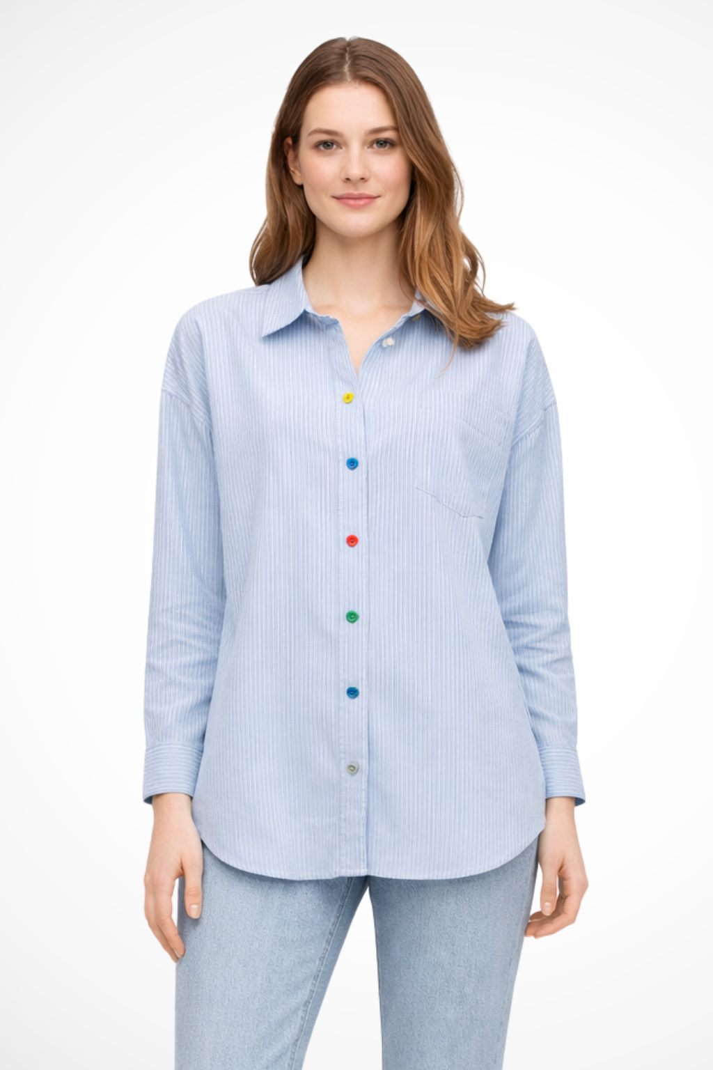 Elodie | Women Oversized Long Sleeve Striped Button Down Denim Shirt