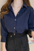 Nella | Women Turn Down Collar Long Sleeve Striped Shirt