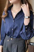 Nella | Women Turn Down Collar Long Sleeve Striped Shirt