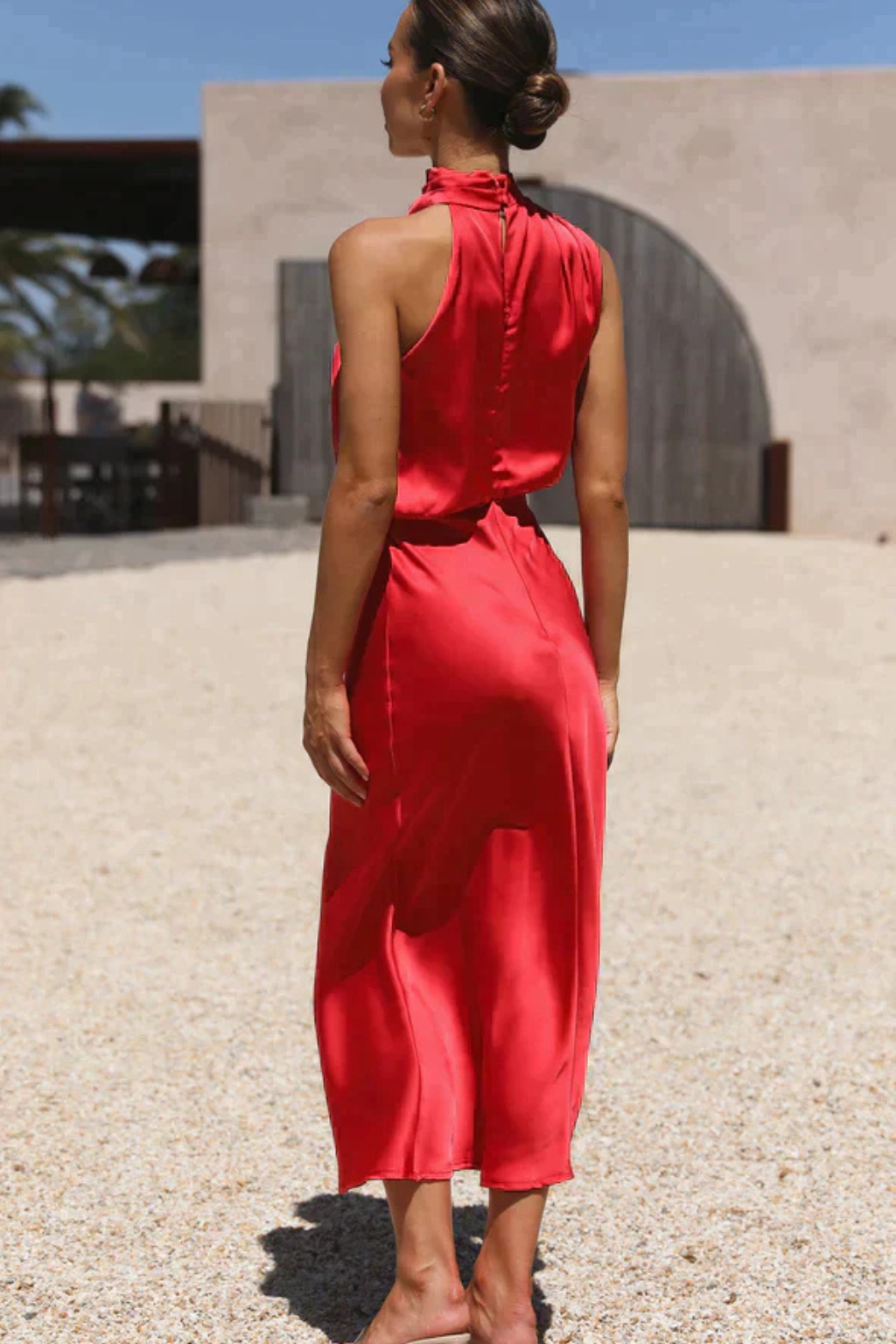 Amelina | Women Halter Neck Midi Dress Satin Wedding Guest Dress
