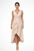 Eliane | Women’s Sleeveless Wrap Style Midi Wedding Guest Dress with Asymmetric Hem
