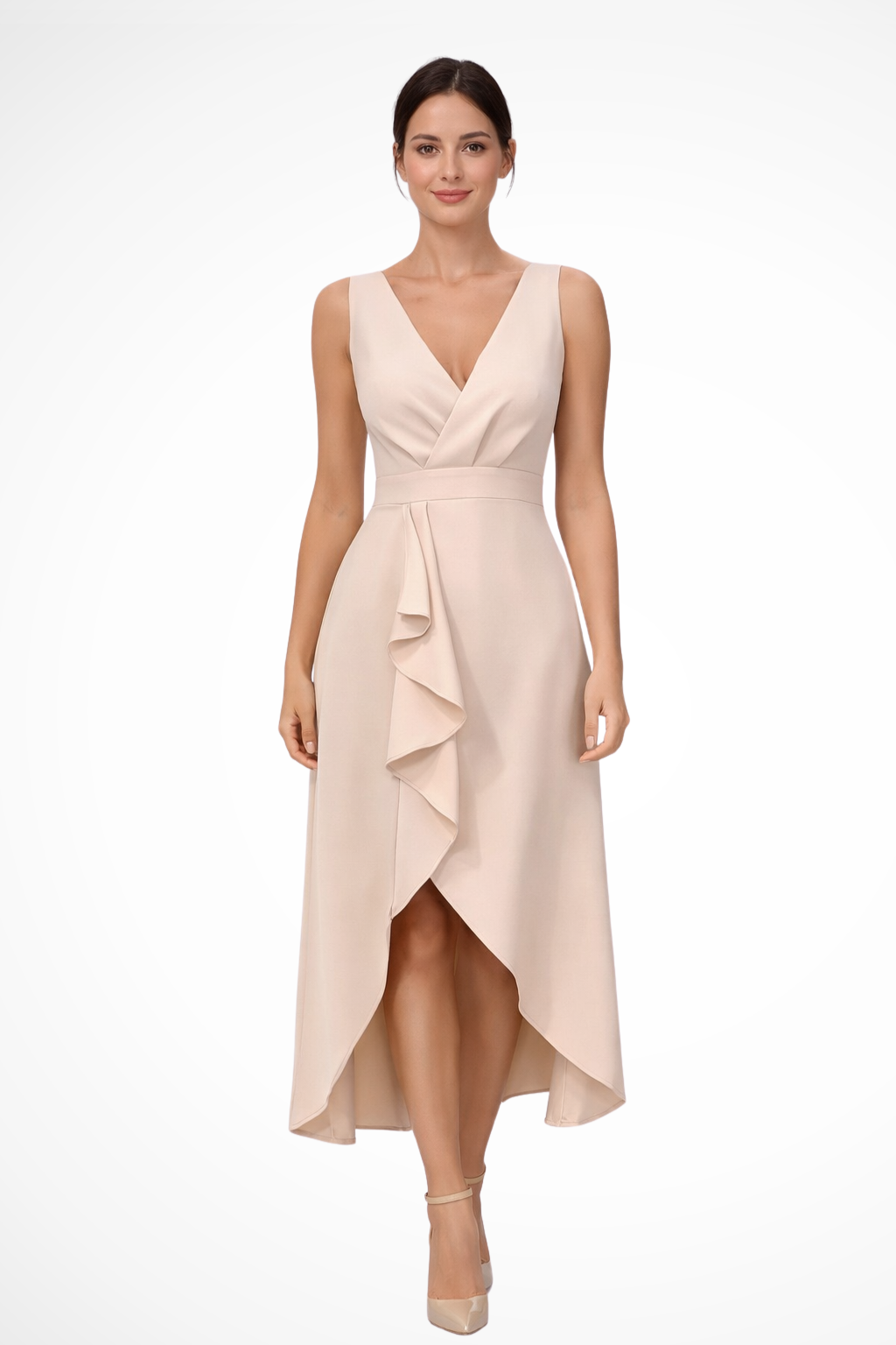 Eliane | Women’s Sleeveless Wrap Style Midi Wedding Guest Dress with Asymmetric Hem