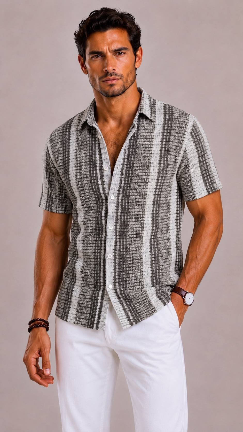 Lunelle | Men's Striped Short Sleeve Shirt with Turned-Up Collar