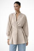 Maren | Women Stand Collar Long Sleeve Belted Striped Shirt