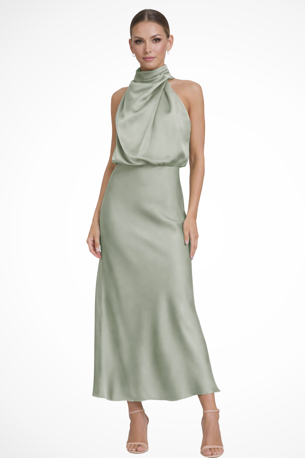 Amelina | Women Halter Neck Midi Dress Satin Wedding Guest Dress