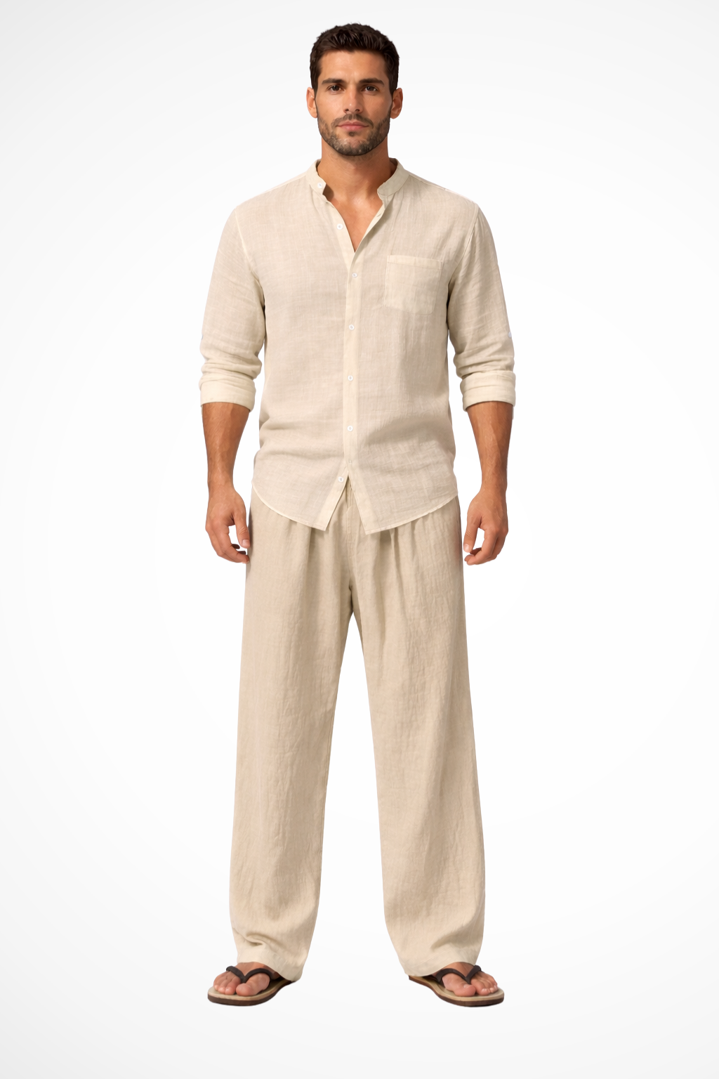 Stanton | Men Grandad Collar Long Sleeve Linen Shirt and Straight Leg Trousers Set